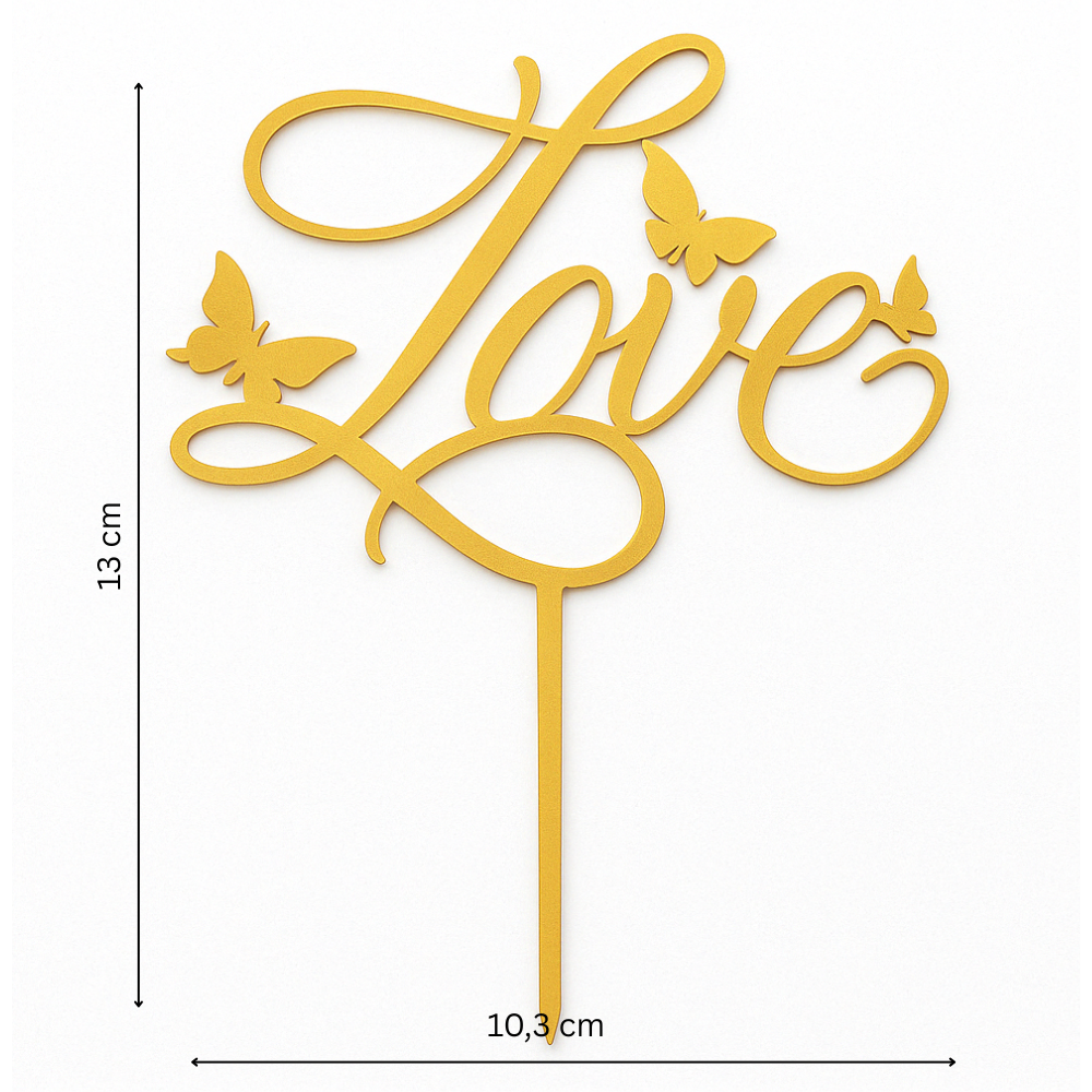„Love“ Caketopper mit Schmetterlingen – goldener Tortenaufsatz in eleganter Kalligraphie