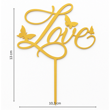 „Love“ Caketopper mit Schmetterlingen – goldener Tortenaufsatz in eleganter Kalligraphie