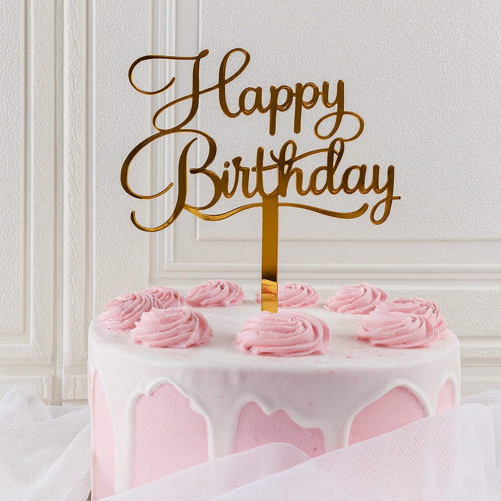„Happy Birthday“ Caketopper – goldene Torten Dekoration mit geschwungener Schrift