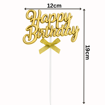 „Happy Birthday“ Torten Dekoration – Glänzende Farben mit Schleife in Gold, Pink & Blau für Geburtstagsfeier & Jubiläum