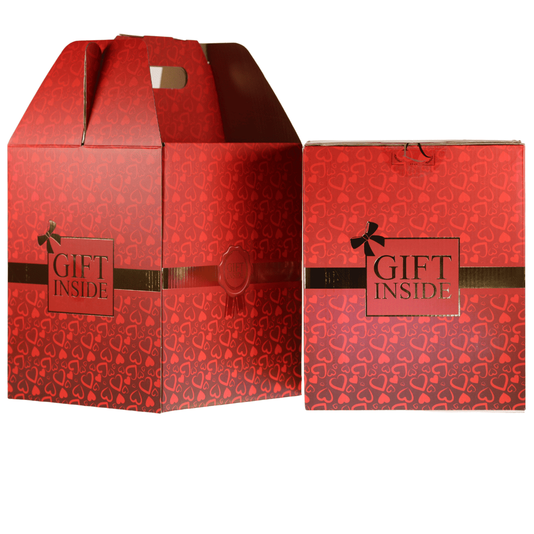 Geschenkbox für besondere Anlässe mit Herzen, Goldverzierung und bequemen Tragegriff.