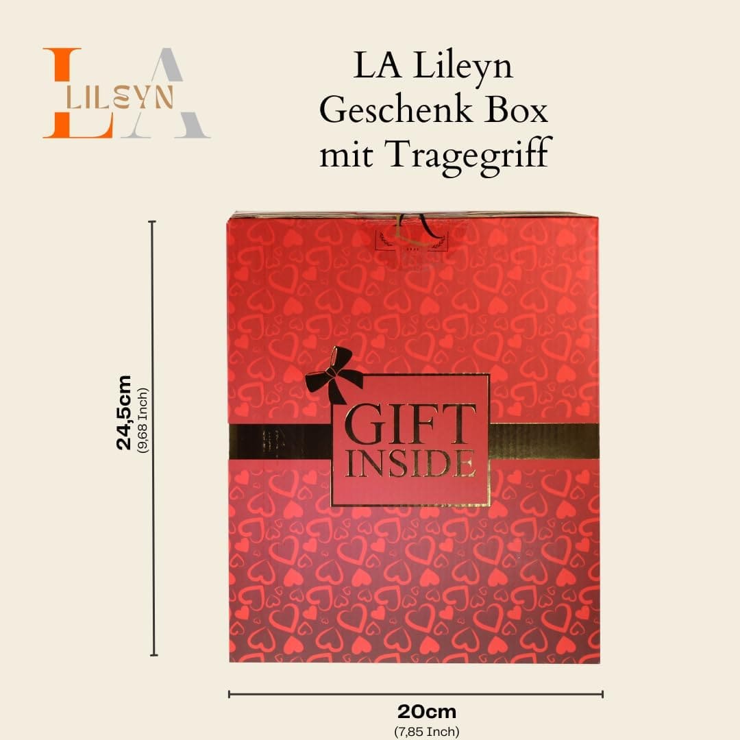 Geschenkbox für besondere Anlässe mit Herzen, Goldverzierung und bequemen Tragegriff.