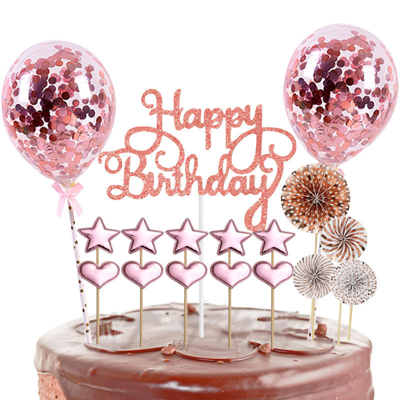 Happy Birthday Caketopper Set Gold – Glitzernde Torten Deko mit Sternen, Herzen & Ballons für Geburtstag & Party