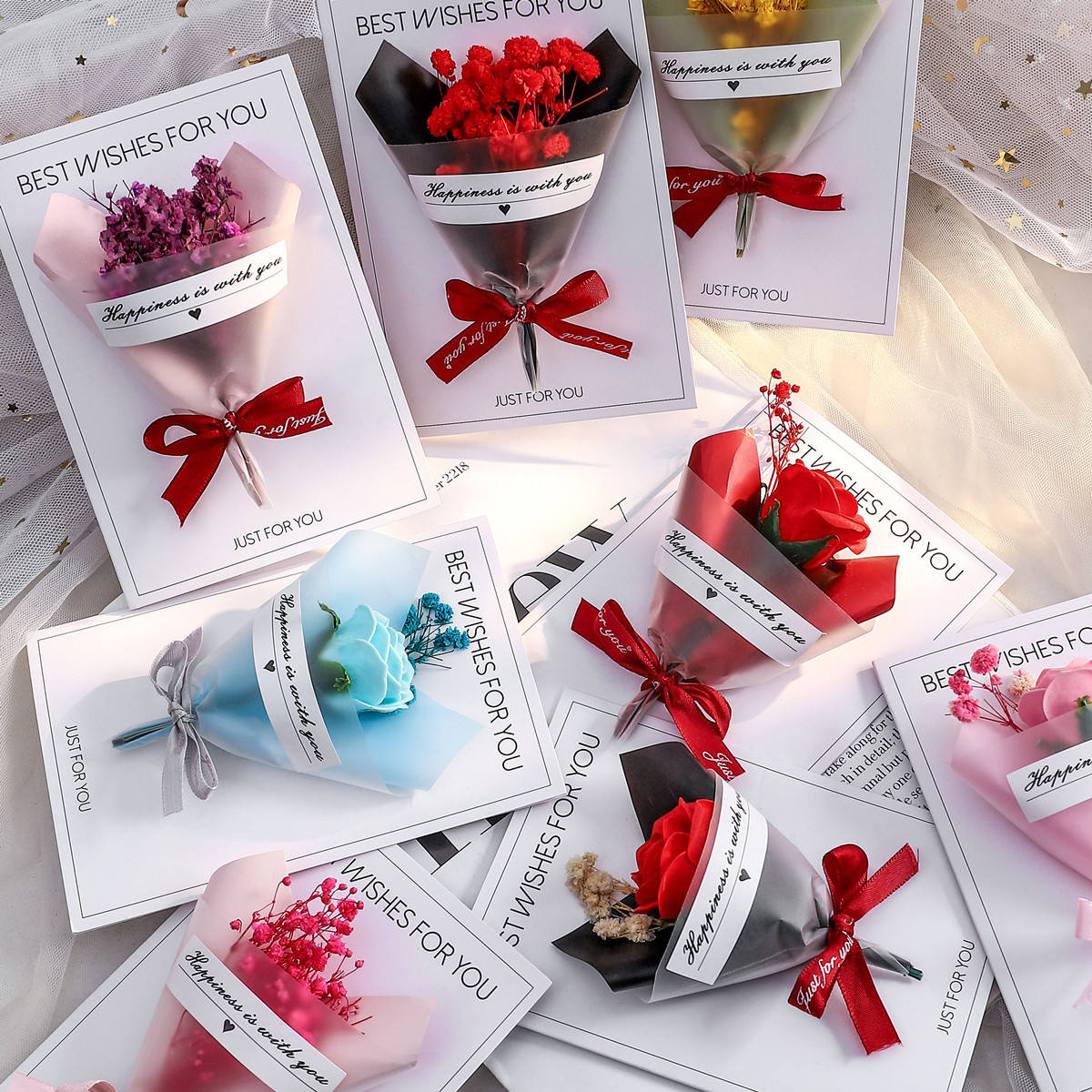 Grußkarte mit Mini-Blumenstrauß – 3D Klappkarte mit Kunstblumen & Schleife für Geburtstag, Valentinstag, Hochzeit & besondere Anlässe