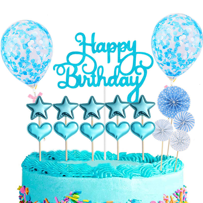 Happy Birthday Caketopper Set Gold – Glitzernde Torten Deko mit Sternen, Herzen & Ballons für Geburtstag & Party