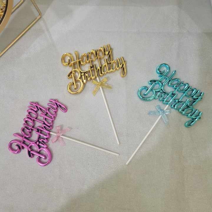 „Happy Birthday“ Torten Dekoration – Glänzende Farben mit Schleife in Gold, Pink & Blau für Geburtstagsfeier & Jubiläum