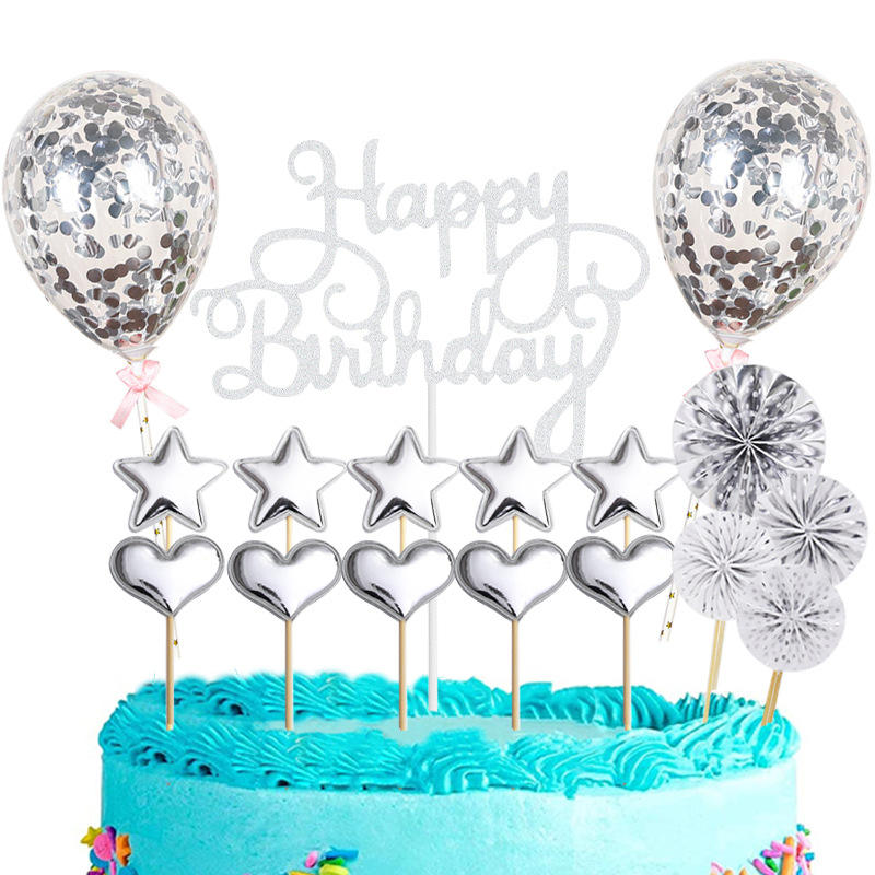 Happy Birthday Caketopper Set Gold – Glitzernde Torten Deko mit Sternen, Herzen & Ballons für Geburtstag & Party