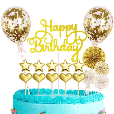 Happy Birthday Caketopper Set Gold – Glitzernde Torten Deko mit Sternen, Herzen & Ballons