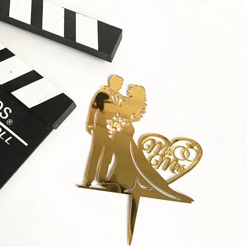 Mr & Mrs Caketopper Gold – Hochzeit Tortenstecker Acryl mit Brautpaar & Herz für Hochzeit & Verlobung