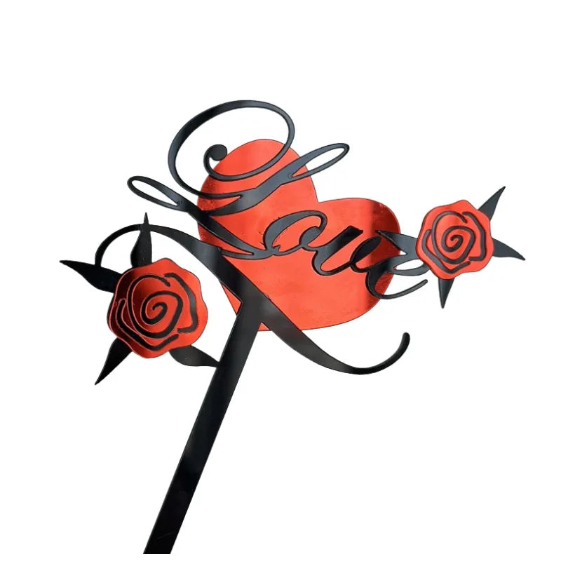Love Herz Caketopper mit Rosen – Tattoo Stil Tortenstecker für Hochzeit, Valentinstag & Rockabilly Deko