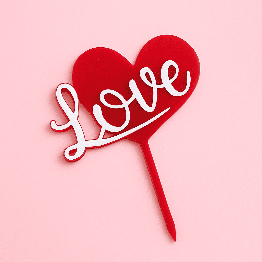 „Love“ Caketopper – rotes Herz mit weißem Schriftzug für romantische Torten