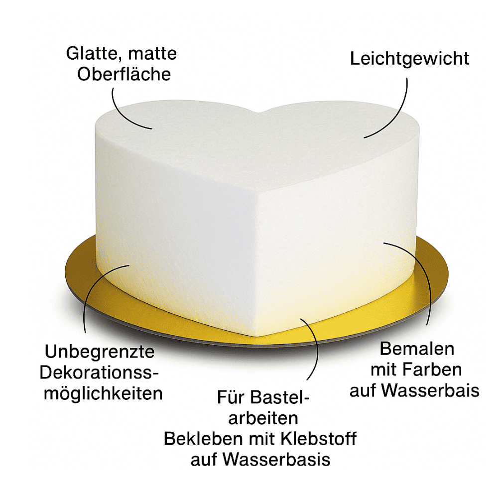 Styropor Herzform – 16 x 14,2 x 7,5 cm – mit goldenem Boden Ø 20 cm – inkl. Klebeband – LA LILEYN – Made in Germany