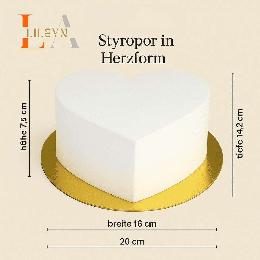 Styropor Herzform – 16 x 14,2 x 7,5 cm – mit goldenem Boden Ø 20 cm – inkl. Klebeband – LA LILEYN – Made in Germany
