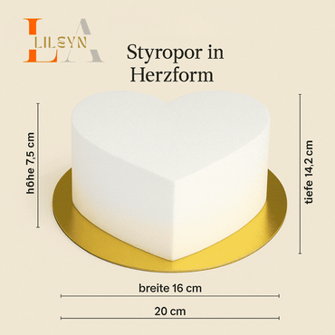 Styropor Herzform – 16 x 14,2 x 7,5 cm – mit goldenem Boden Ø 20 cm – inkl. Klebeband – LA LILEYN – Made in Germany