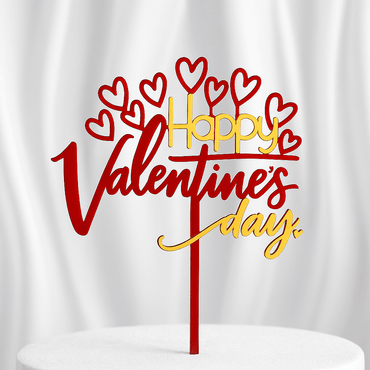 Valentinstag Caketopper Acryl – Happy Valentine’s Day Tortenstecker in Rot & Gold mit Herzdeko