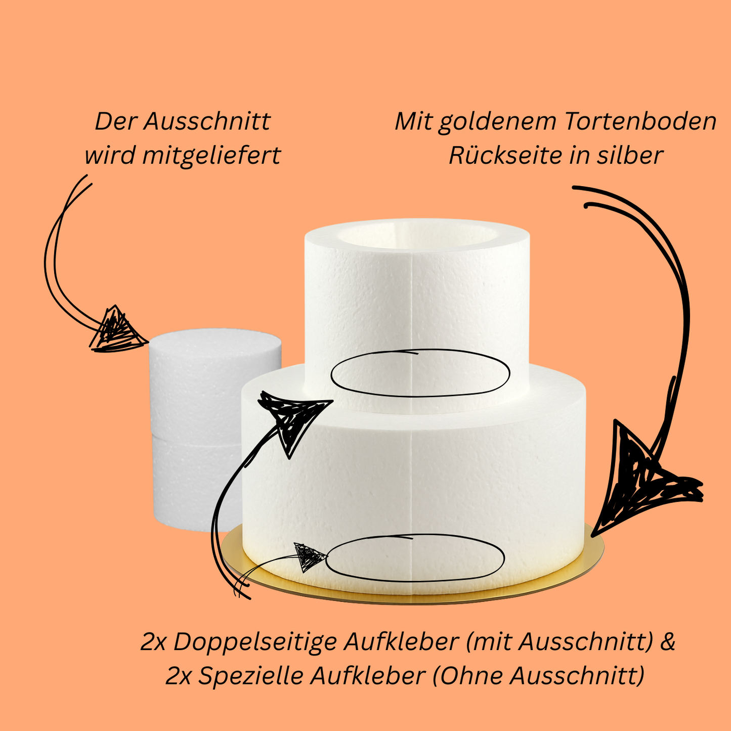 Styropor Torte 2-stöckig mit Ausschnitt – Ø 25/22/16,5 cm – 16 cm hoch – für Flaschen oder Blumen – LA LILEYN – Made in Germany