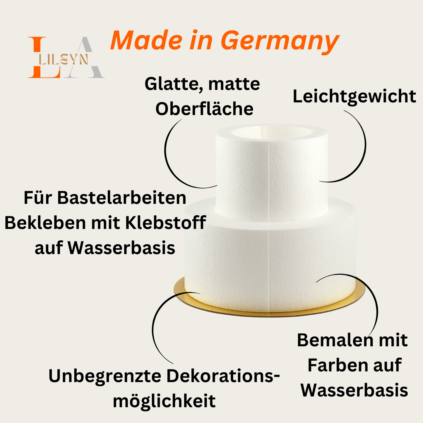 Styropor Torte 2-stöckig mit Ausschnitt – Ø 25/22/16,5 cm – 16 cm hoch – für Flaschen oder Blumen – LA LILEYN – Made in Germany