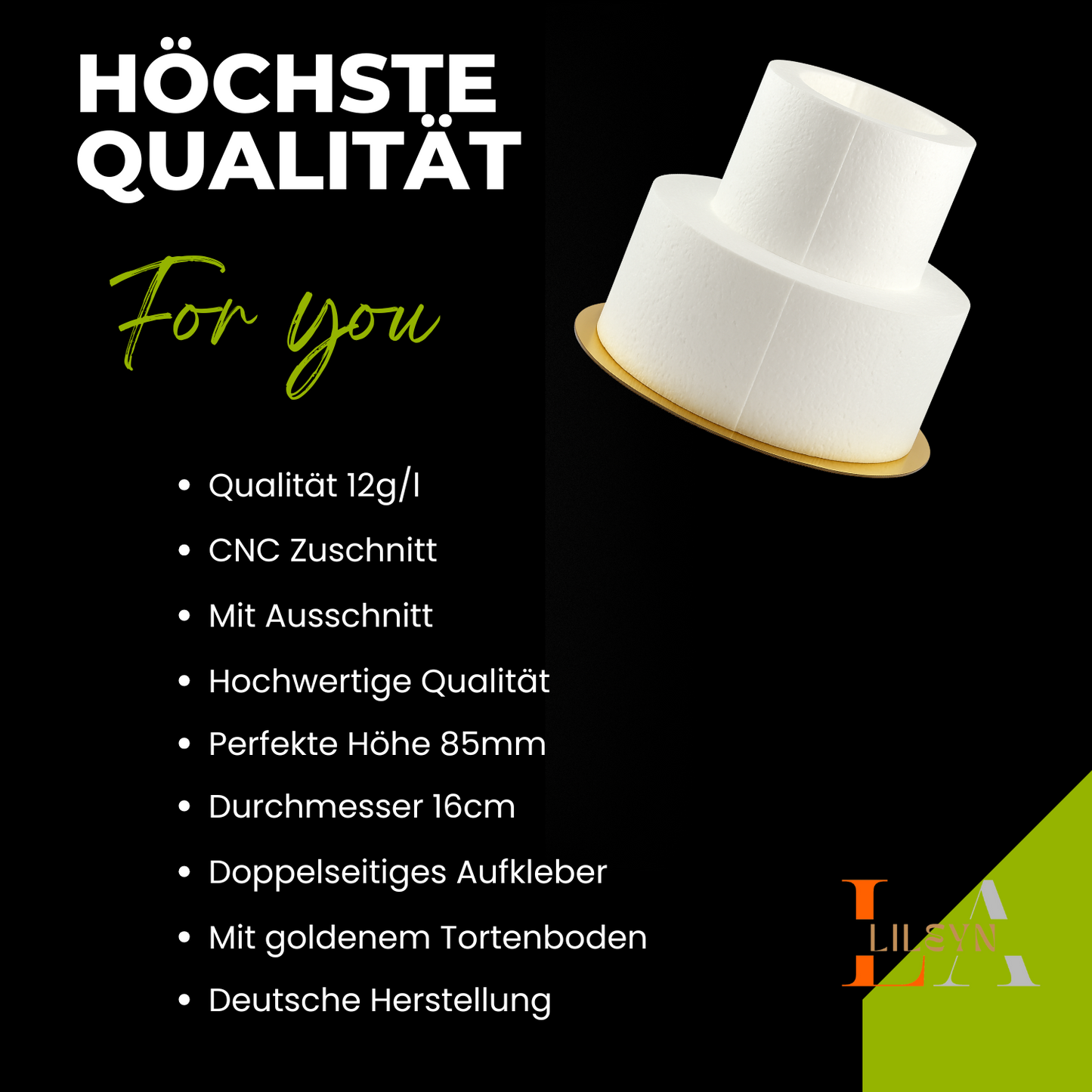 Styropor Torte 2-stöckig mit Ausschnitt – Ø 25/22/16,5 cm – 16 cm hoch – für Flaschen oder Blumen – LA LILEYN – Made in Germany