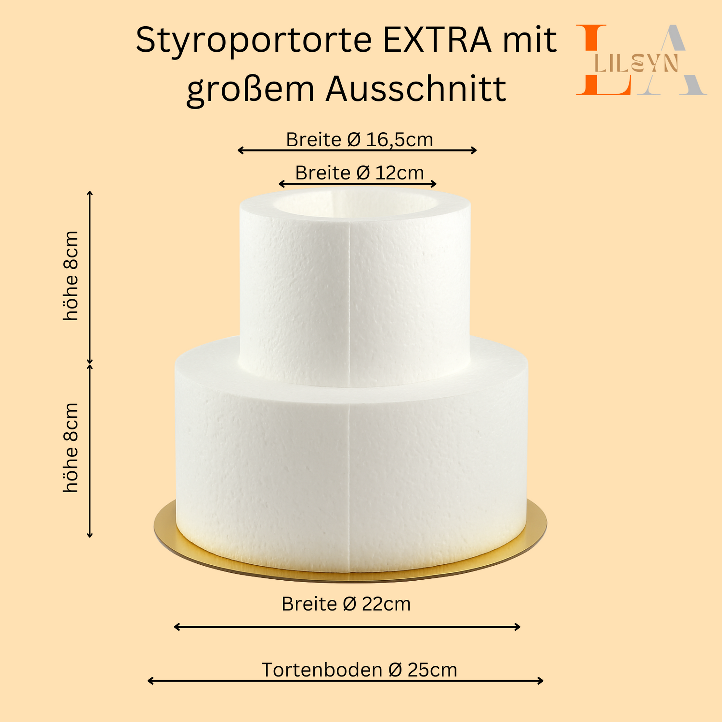 Styropor Torte 2-stöckig mit Ausschnitt – Ø 25/22/16,5 cm – 16 cm hoch – für Flaschen oder Blumen – LA LILEYN – Made in Germany