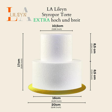 Styropor Torte 2-stöckig – Ø 20/16/10,5 cm – Tortendummy mit goldenem Boden – CNC-Schnitt – Made in Germany