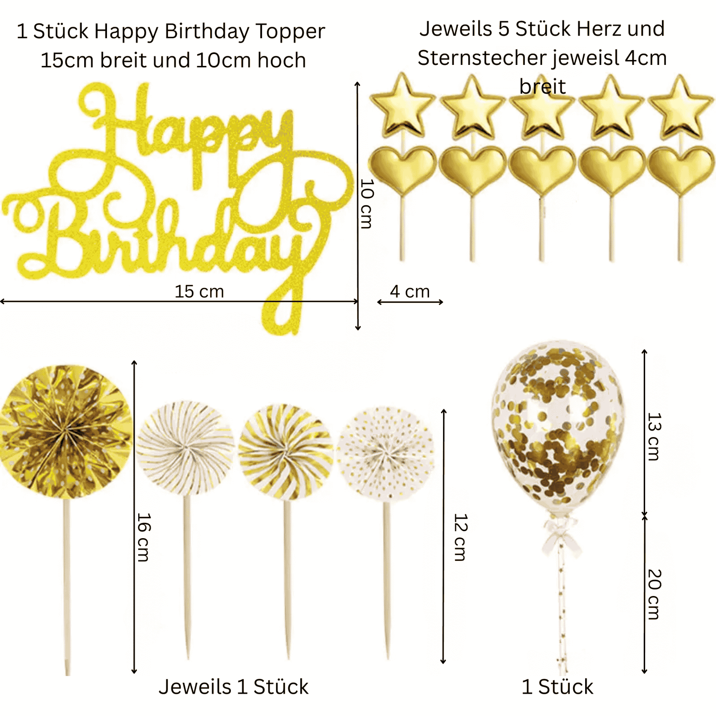 Happy Birthday Caketopper Set Gold – Glitzernde Torten Deko mit Sternen, Herzen & Ballons für Geburtstag & Party