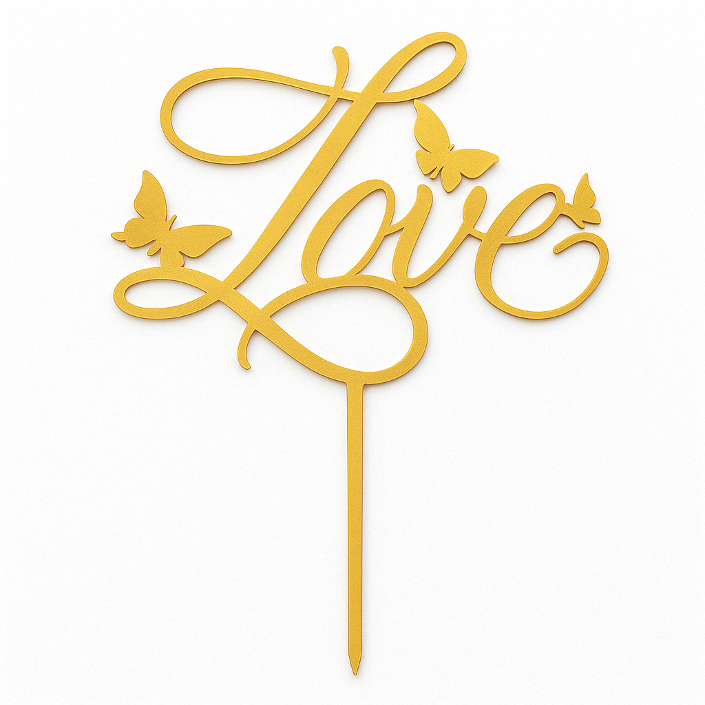 „Love“ Caketopper mit Schmetterlingen – goldener Tortenaufsatz in eleganter Kalligraphie