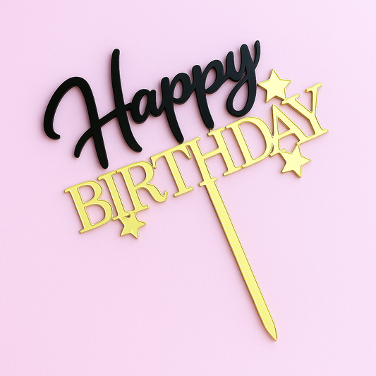 „Happy Birthday“ Caketopper – Schwarz-Gold mit Sternen