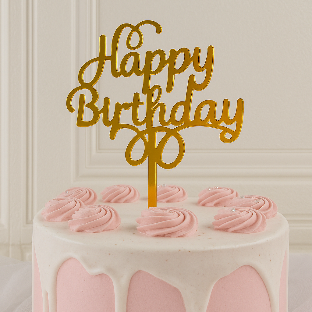 „Happy Birthday“ Caketopper – Goldene Torten Dekoration mit schwungvollem Design