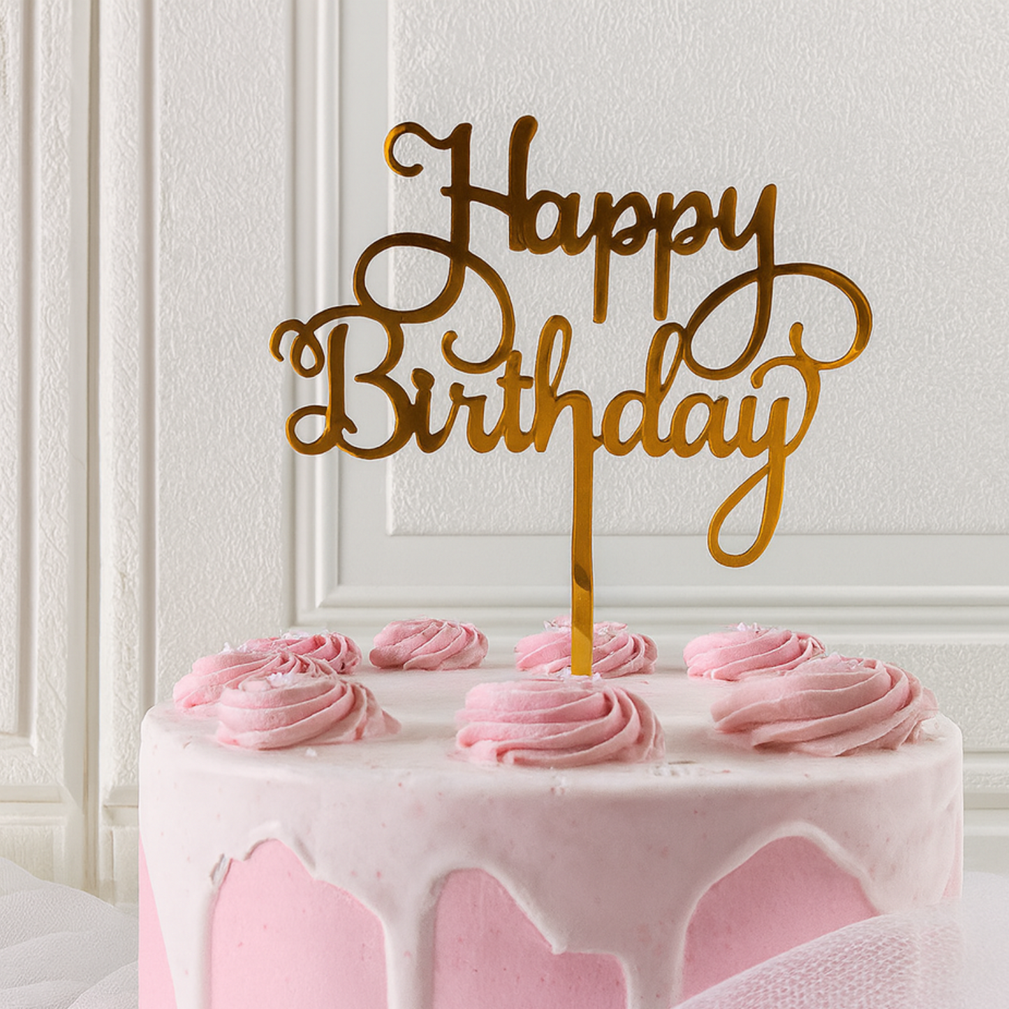 „Happy Birthday“ Caketopper – Goldene Torten Deko mit verschnörkelter Schrift