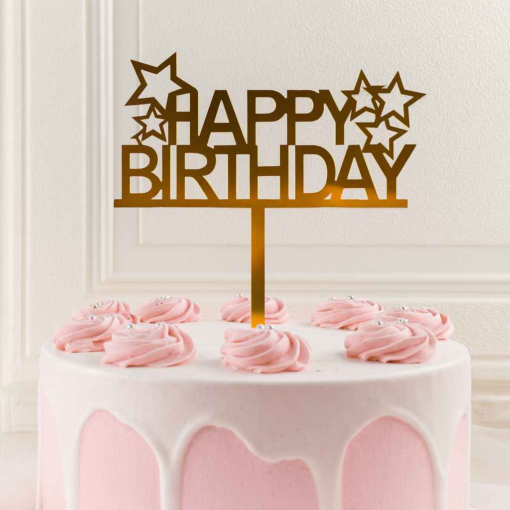 „Happy Birthday“ Caketopper mit Sternen – moderne Torten Deko in Gold