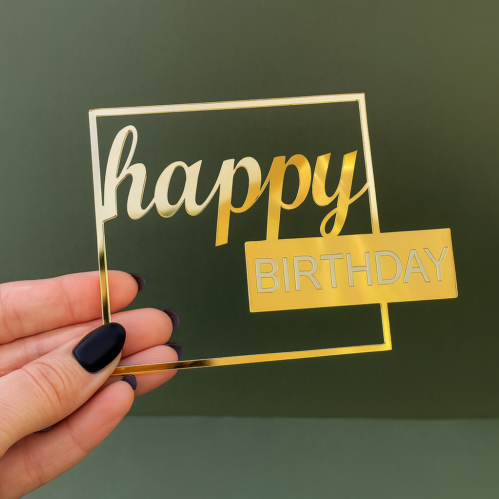 „Happy Birthday“ Caketopper – goldener Rahmen mit modernem Schriftmix