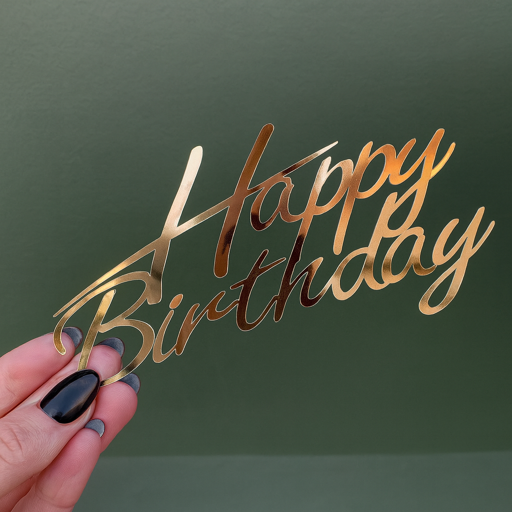 Happy Birthday Caketopper Gold – Schräge Acryl-Schrift in Spiegeloptik
