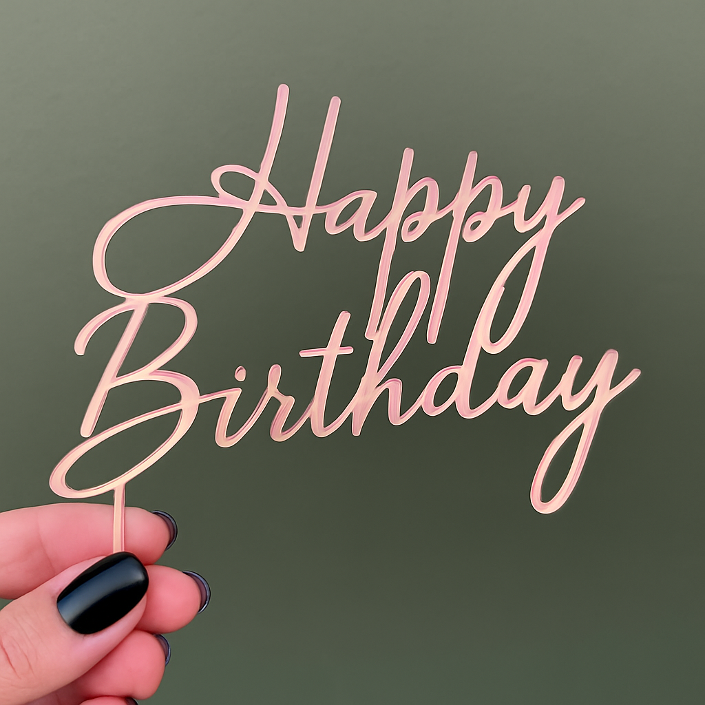 Happy Birthday Caketopper Roségold – Filigraner Acryl Tortenstecker in moderner Schrift