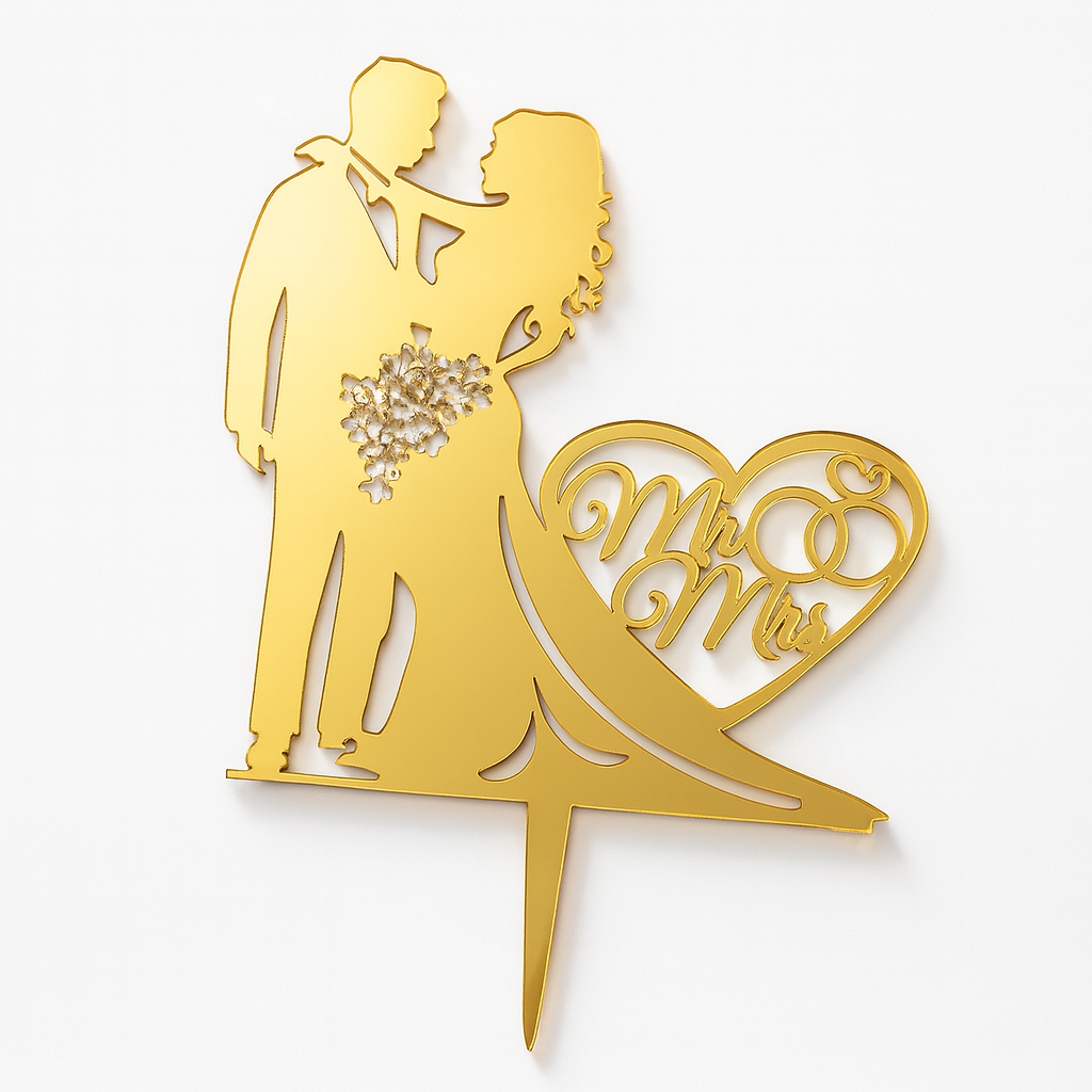 Mr & Mrs Caketopper Gold – Hochzeit Tortenstecker Acryl mit Brautpaar & Herz