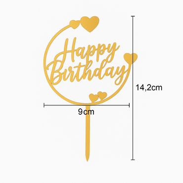 Goldene „Happy Birthday“ Torten Dekoration – 9 cm x 14,2 cm mit Herzen für Geburtstagsfeier & Jubiläum