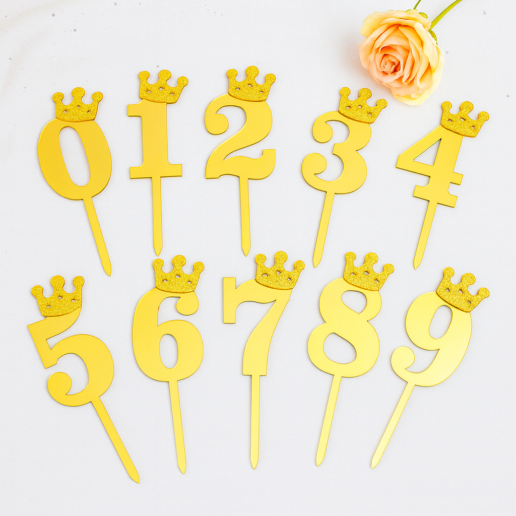 Zahlen Caketopper Gold mit Krone – Einzelne Zahl 0–9 aus Acryl für Geburtstag, Jubiläum & Tortendeko