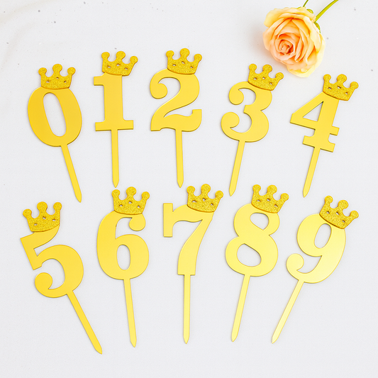 Zahlen-Caketopper mit Krone – Spiegelgold, einzelne Zahl (0–9)