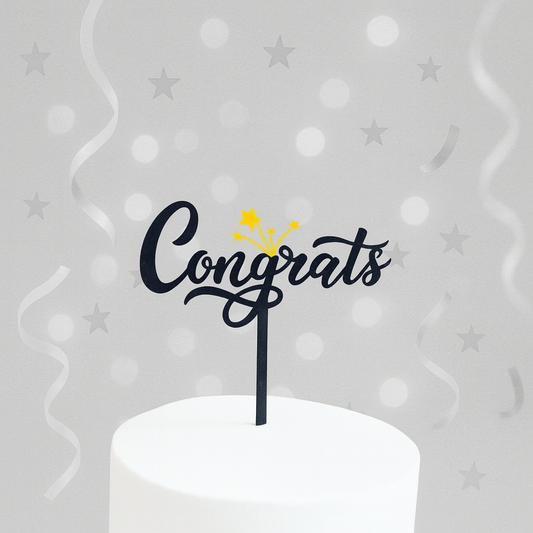 „Congrats“ Caketopper – Schwarzes Design mit goldenen Sternen für feierliche Anlässe