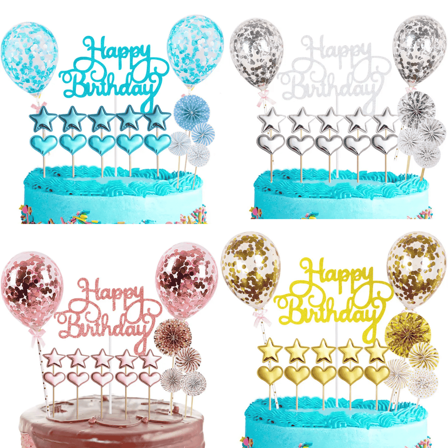 Happy Birthday Caketopper Set Gold – Glitzernde Torten Deko mit Sternen, Herzen & Ballons für Geburtstag & Party