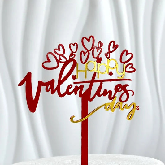 Valentinstag Caketopper Acryl – Happy Valentine’s Day Tortenstecker in Rot & Gold mit Herzdeko
