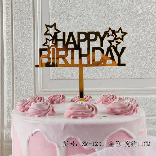 „Happy Birthday“ Caketopper mit Sternen – moderne Torten Deko in Gold für festliche Anlässe