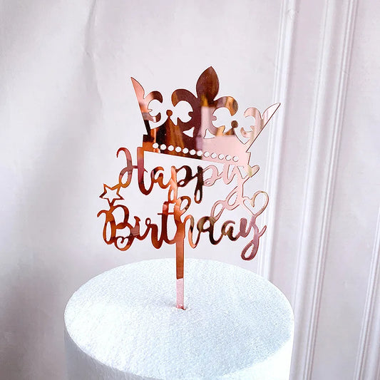 „Happy Birthday“ Caketopper mit Krone – Roségold für königliche Tortenmomente