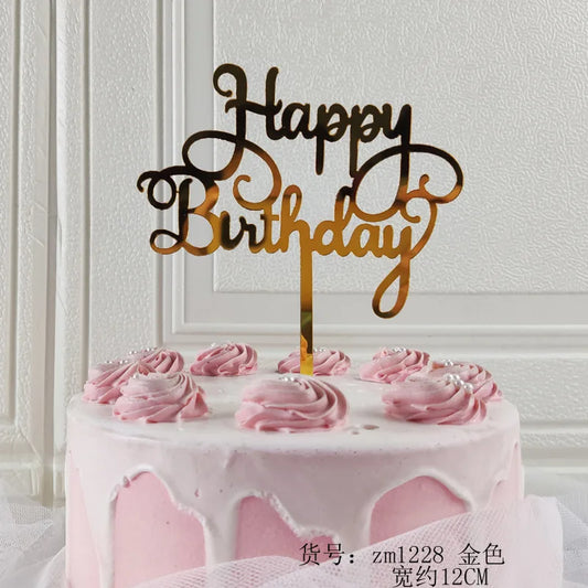„Happy Birthday“ Caketopper – Goldene Torten Deko mit verschnörkelter Schrift