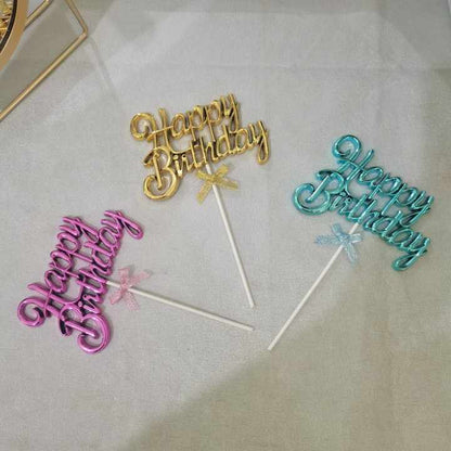 „Happy Birthday“ Torten Dekoration – Glänzende Farben mit Schleife in Gold, Pink & Blau für Geburtstagsfeier & Jubiläum
