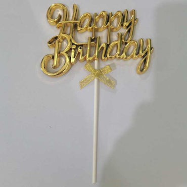 „Happy Birthday“ Torten Dekoration – Glänzende Farben mit Schleife in Gold, Pink & Blau für Geburtstagsfeier & Jubiläum