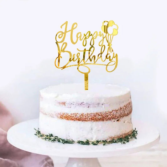 Happy Birthday Caketopper Gold mit Ballons – Acryl Tortenstecker für Geburtstag, Kinderparty & elegante Deko