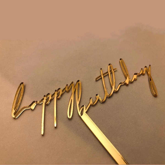 „Happy Birthday“ Caketopper – Elegante Goldoptik mit feiner Schreibschrift