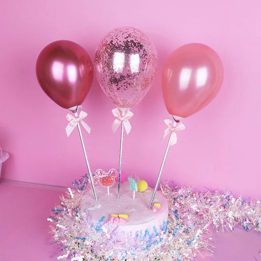 Ballon Caketopper Rosa & Pink – Mini Luftballons mit Stäben & Schleifen für Geburtstag, Babyparty & Tortendeko