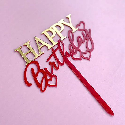 „Happy Birthday“ Caketopper – Gold-Rot mit Herz-Design für romantische Tortenmomente