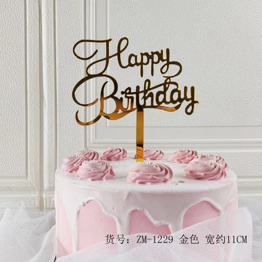 „Happy Birthday“ Caketopper – goldene Torten Dekoration mit geschwungener Schrift
